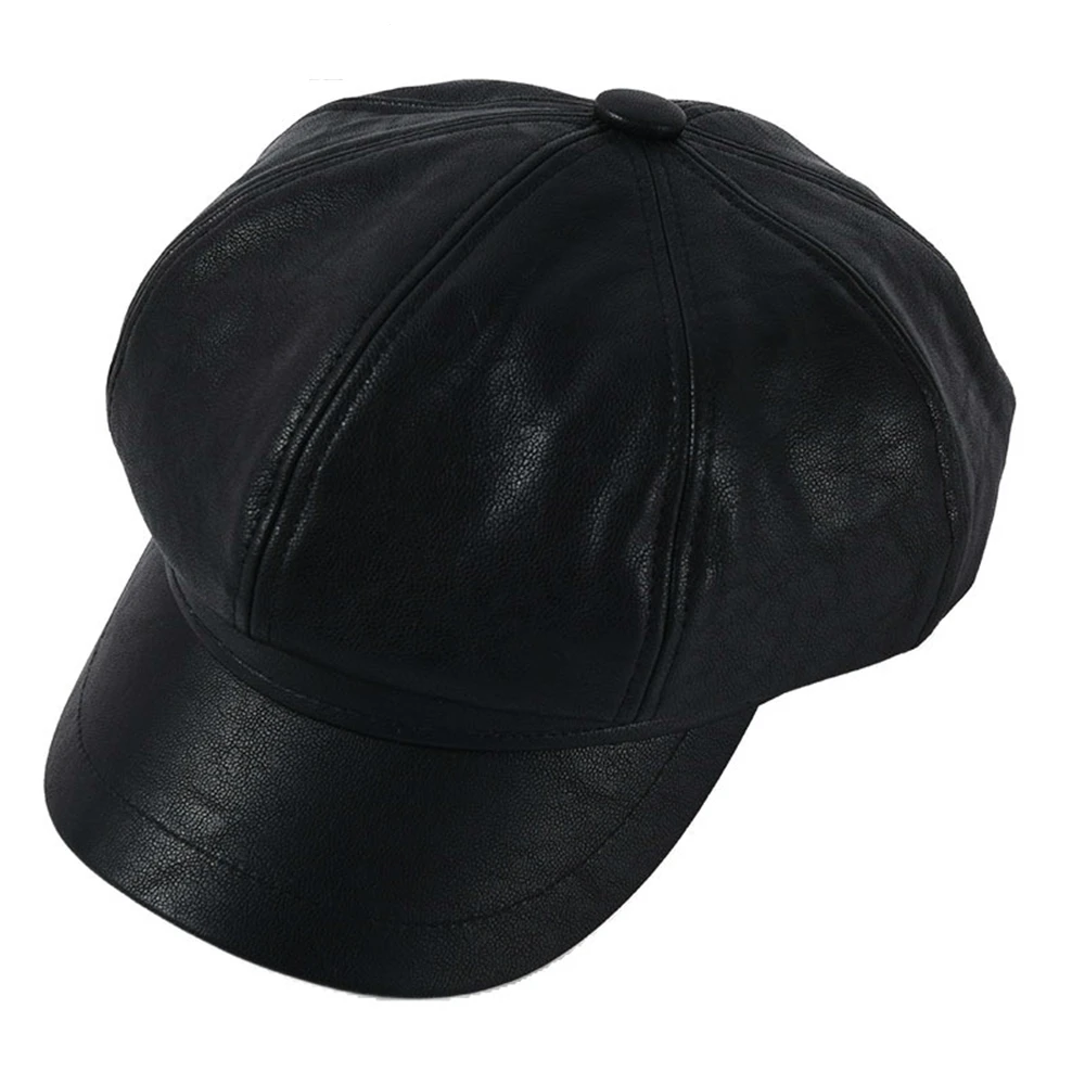 SHOWERSMILE Blue Leather Newsboy Cap Leather Vintage Hat for Women Solid Beret Ladies Brand Ivy Spitfire Cap