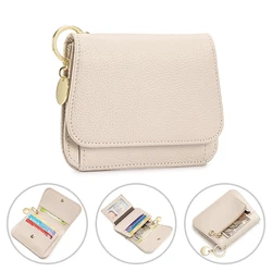 Elegant Women's RFID Blocking Genuine Leather Wallet with Keychain and Zipper Coin Pocket (Beige)