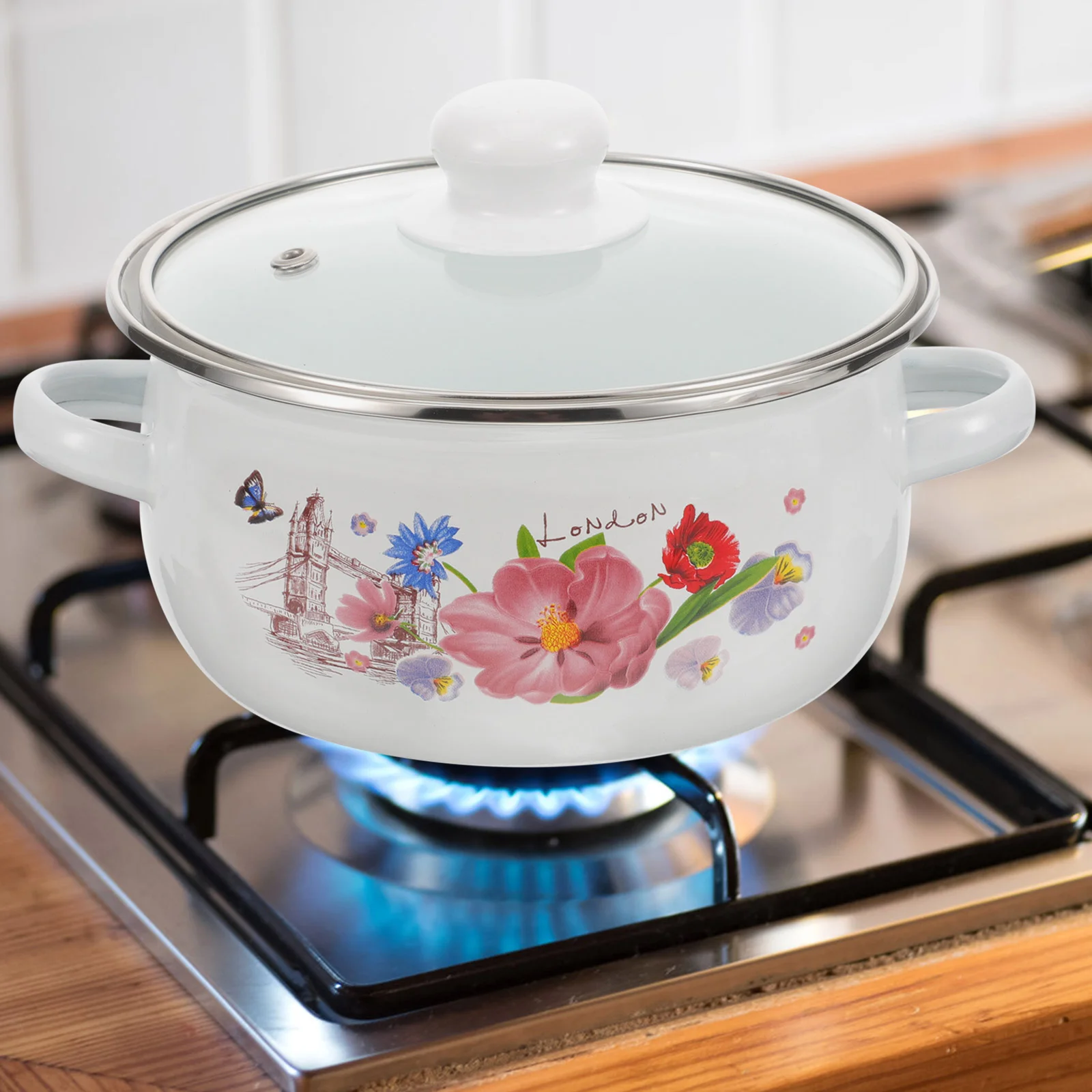 

3 Pcs Glass Cooking Pot with Lid Double-handle Soup Vintage White Wear-resistant Portable Two Stockpot