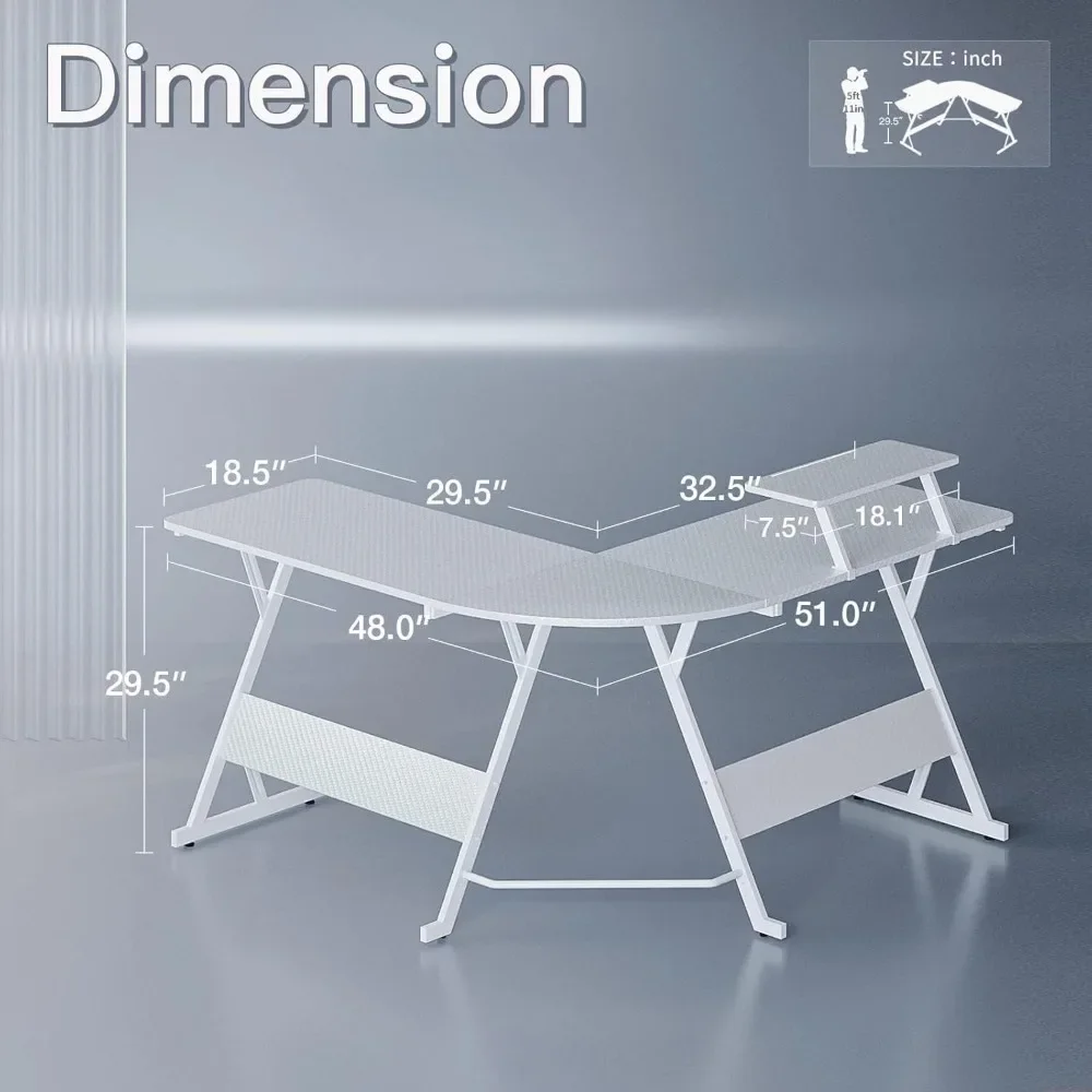 Computer Desks White L Shaped Gaming Desk 51 Inch Gamer Desk Gaming Table with Carbon Fiber Texture Corner Computer L Shape 2