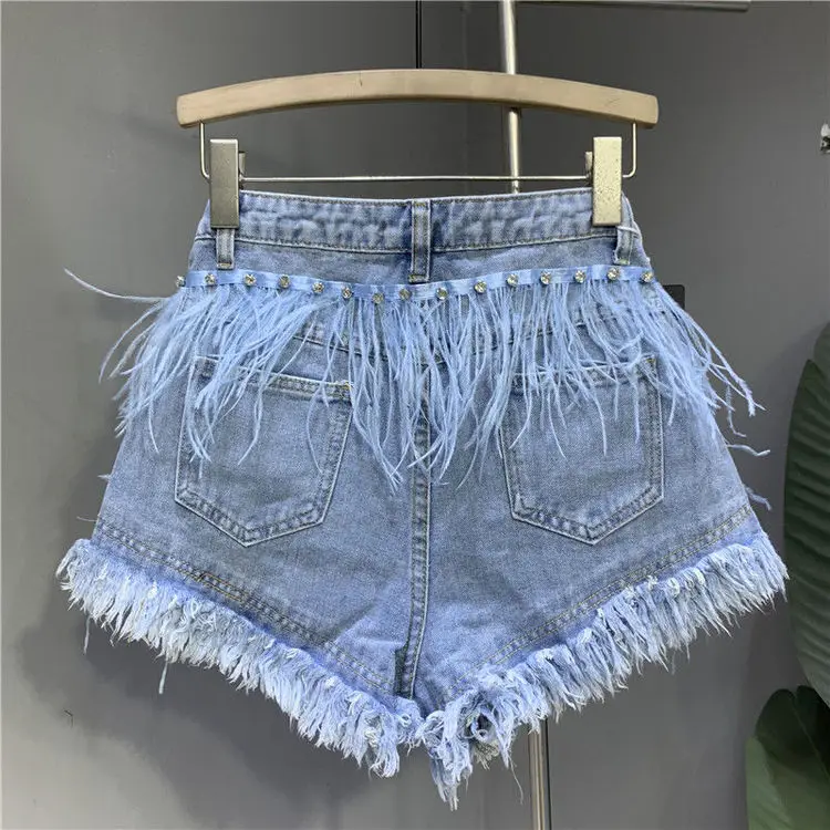 Summer New Fashion Denim Shorts Women Personalized Tassel Diamond Wash Light Blue Short Jeans Fashion Sexy Feather Hot Pants