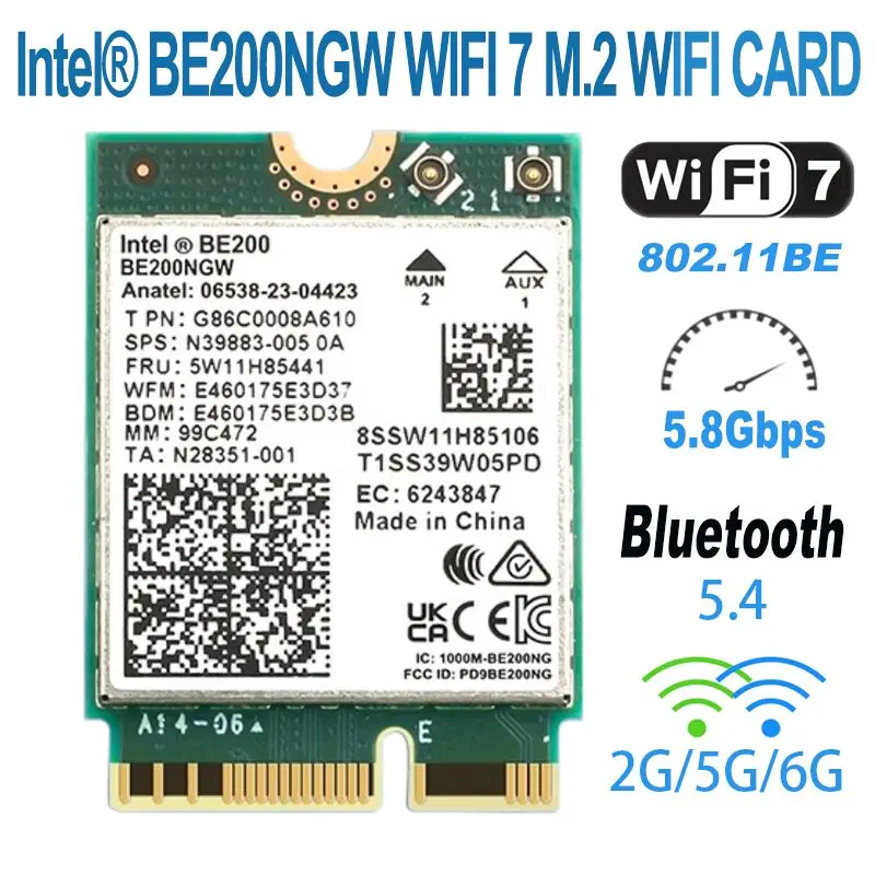 Placa de Rede Be200 com Adaptador sem Fio Bluetooth 5.4 Tri Band 2.4g 5g 6ghz 8774mbps Be200ngw M.2 Melhor Que Wifi 6e Wifi7