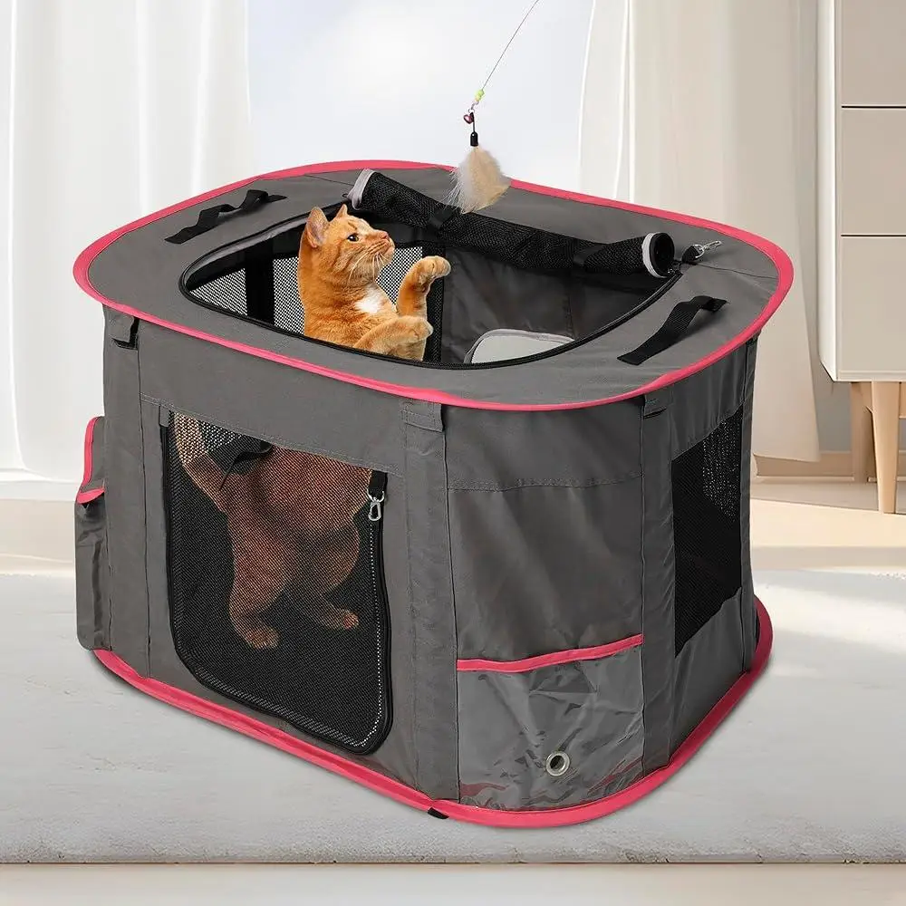 Multi-Purpose Cat Playpen Foldable Indoor Outdoor Enclosure with Bathroom Water Bottle Teasing Stick Litter Box Removable Mat