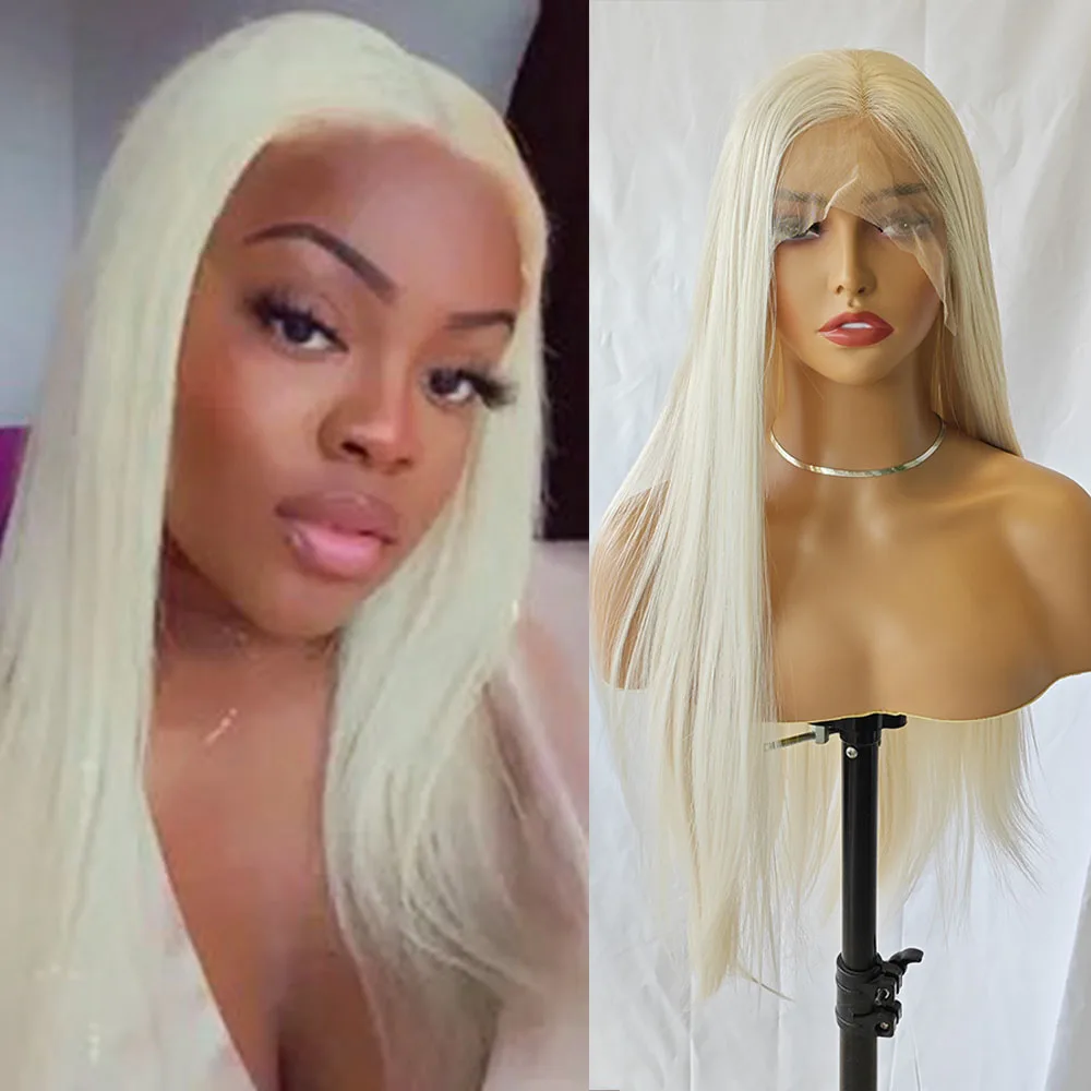 

RONGDUOYI Long Silk Straight Blonde Color Synthetic Wig Natural Hairline Side Part Lace Front Fiber Wigs Daily Makeup Use Hair