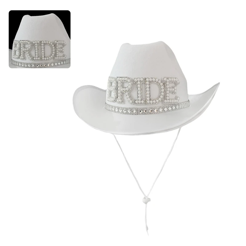 Cowgirl Hats White Elegant Cowgirl Hat Bride Wedding Photo Costume Props Summer Outdoor Women Girl Hat Western Style Cowboy Caps