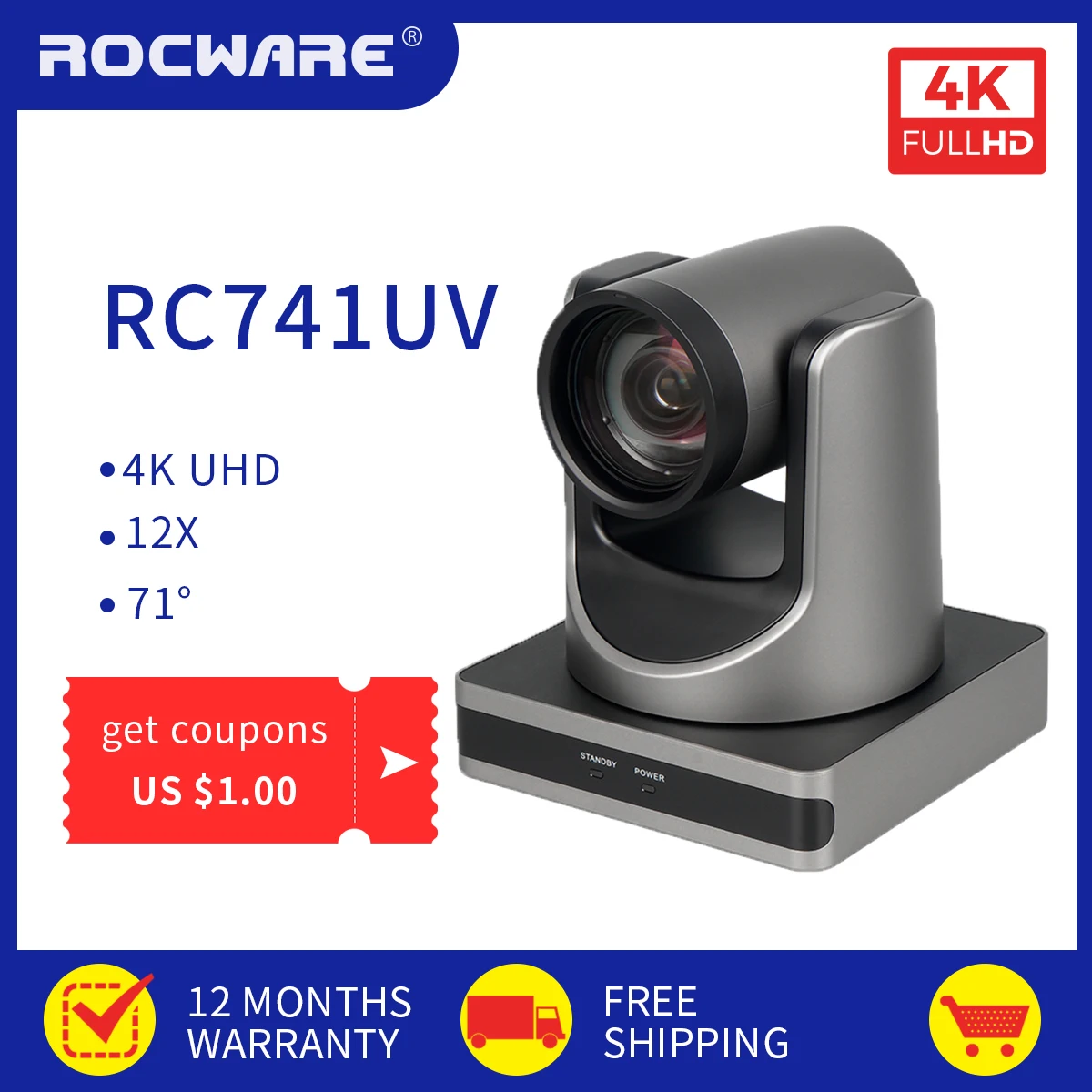 ROCWARE-RC741UV 4K UHD USB 화상 회의 카메라, USB3.0 PoE 71 ° 광각 PTZ 화상 회의 카메라
