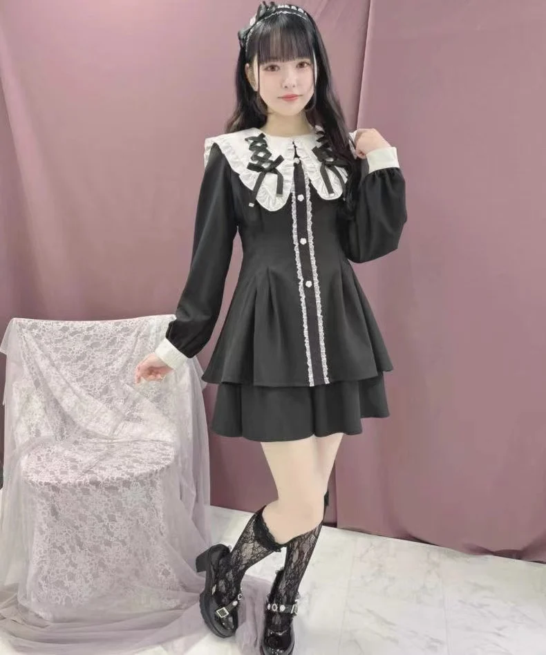 Rojita Dress Set Japanese Mine Temperament Lace Lace-up Bow Long Sleeve Shirt Dress Shorts 2-Piece Set Sweet Cute Lolita Clothes