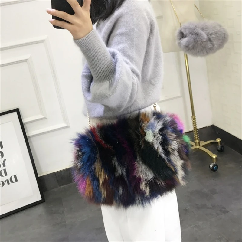 2024 Winter Luxury Real Fur Shoulder Bag Natural Fluffy Fox Fur Crossbody Bag Women's Hand Warmer Fur Dinner Bag