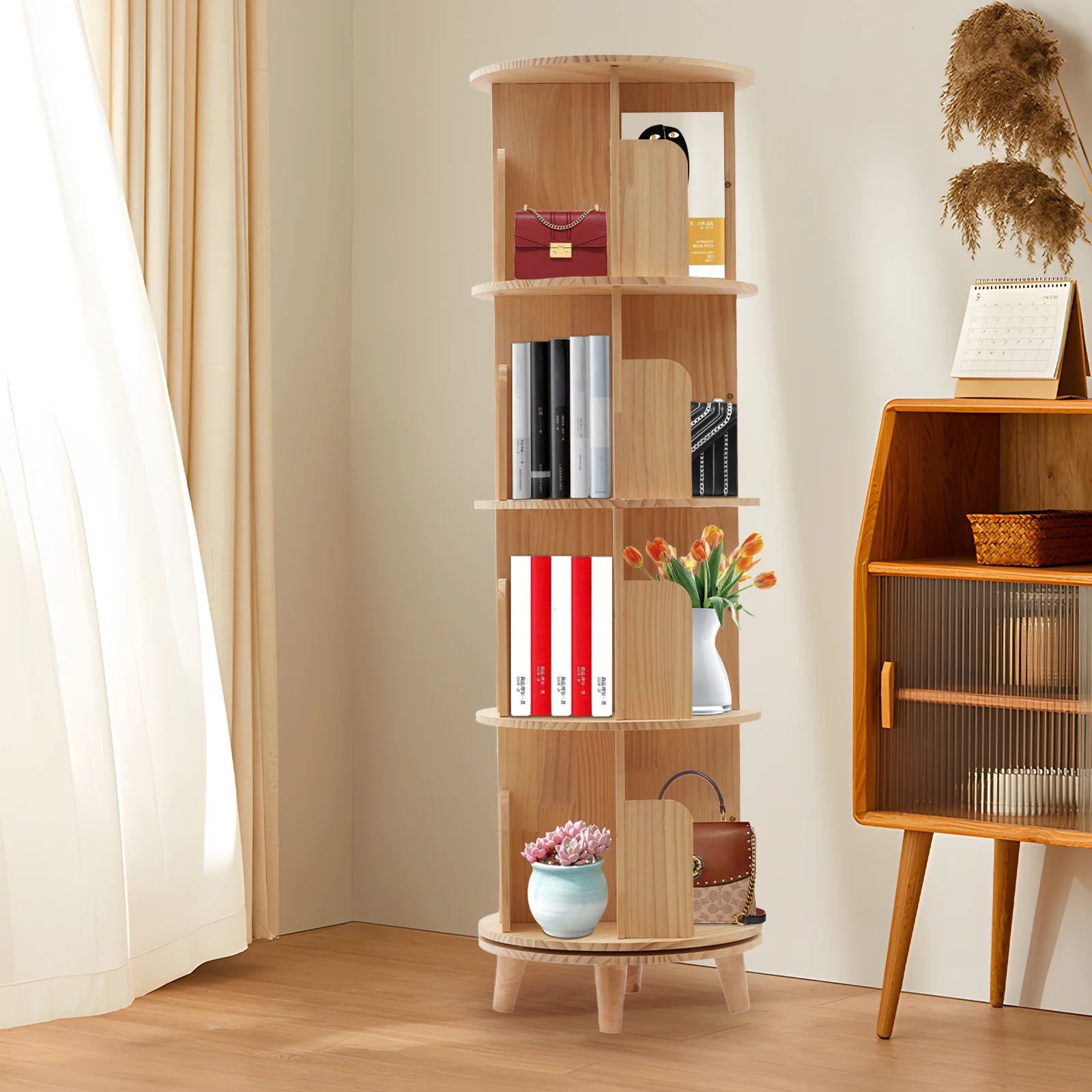 étagère Rotative 360° Bois 4 étages En Bois - Étagère Tournante Pour Livres Et Jouets - 46x46x127cm Bibliothèque Pivotante