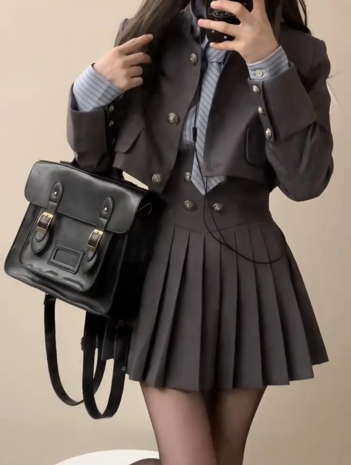Spring Preppy Style American Uniform Set Girls Short Suit Coat Long Sleeve Striped Shirt Slim High Waist Pleated Skirt Grey