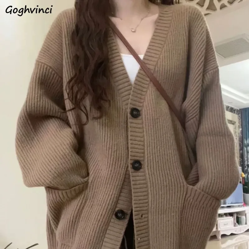 

New Knitted Cardigan V-neck Women Single Breasted Korean Loose Chic Preppy Solid Streetwear Female Mujer Sweet Elegant Fall Lady