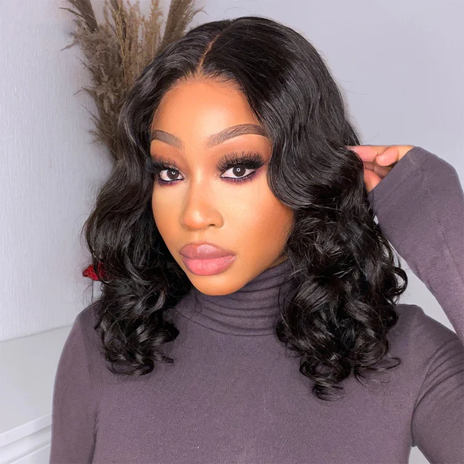 Malaysian Human Hair Wigs Loose Body Wave Bob Wig Pre plucked 13x4 HD Transparent Lace Front Short Bob Wig Natural Color Tissage