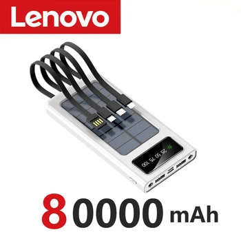 Lenovo 200000mAh Solar Power Bank Built Cables Solar Charger 2 USB Ports External with LED Light Super Fast Charger Power Bank 7
