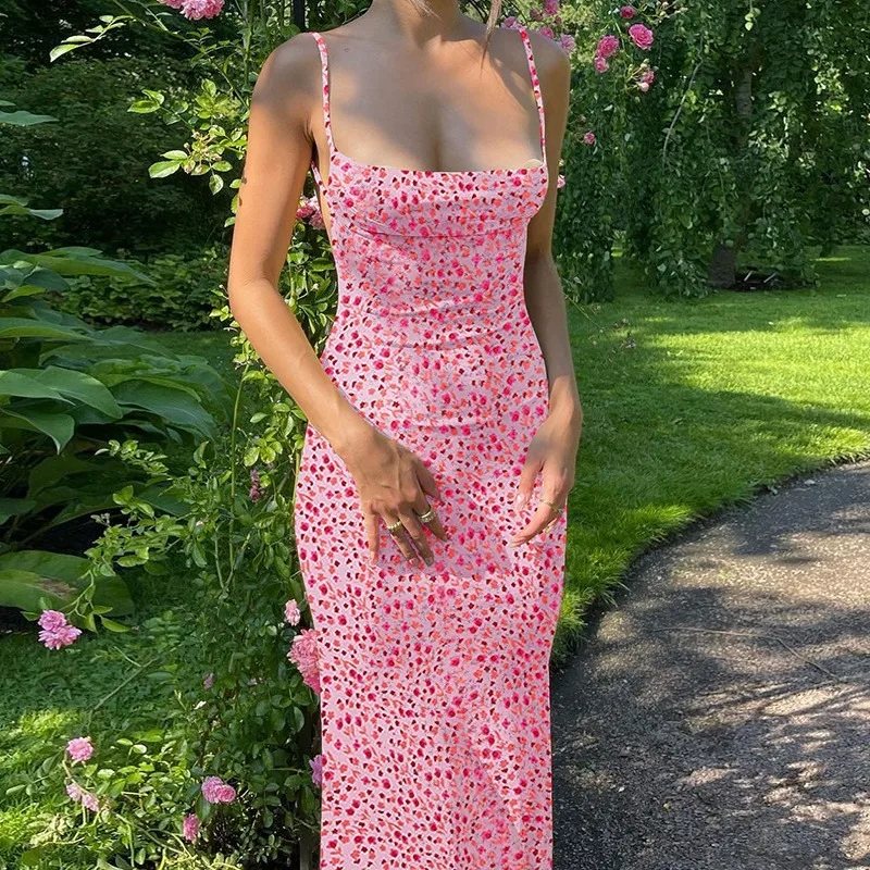 Y2K Blumendruck Spaghetti-Träger Bodycon Sommerkleid Tiefer V-Ausschnitt Langes Kleid Sexy Rückenfreies Sommerkleid Streetwear – Detail 5