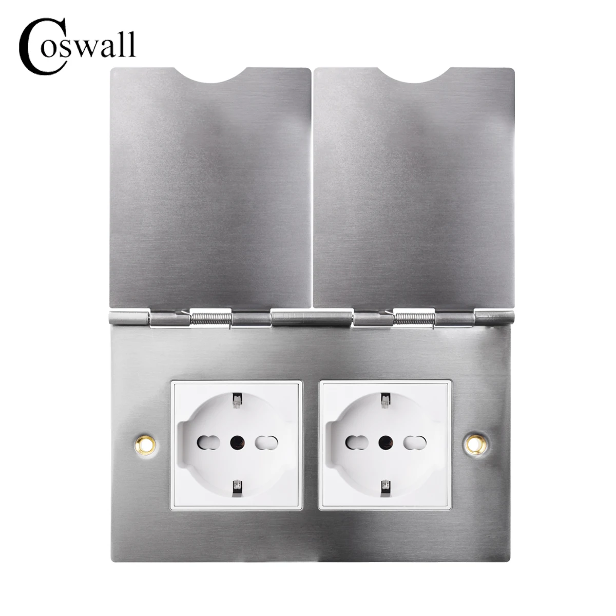 COSWALL Floor Power Outlet 304 stainless steel panel with base boxes, German Italian wall power outlet flip up design