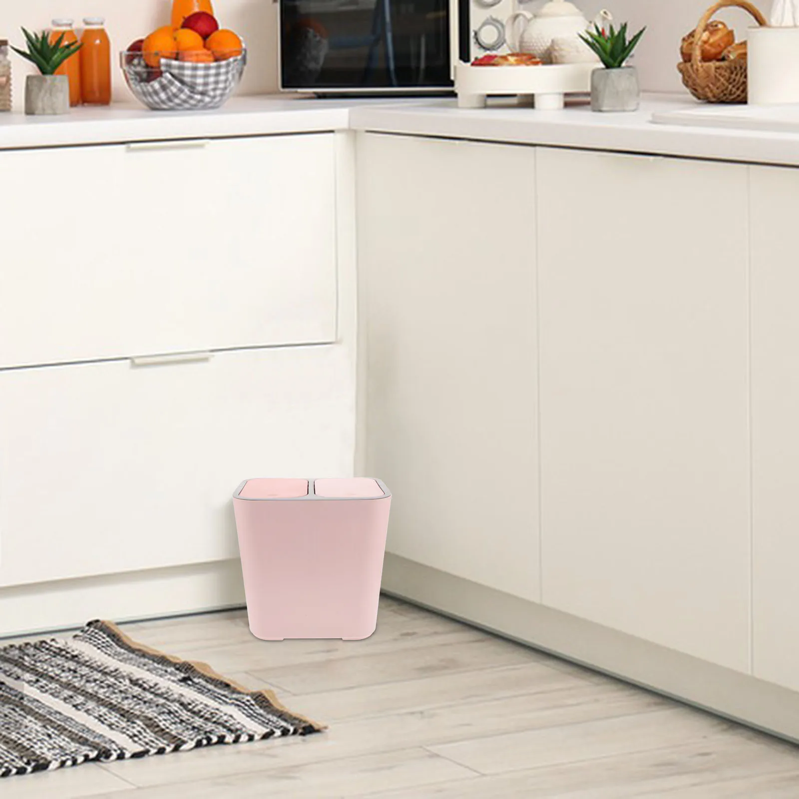 פח זבל מעובה עם שני מחלקות, יבש, רטוב, מפריד, נפח גדול, מכסה עצמי לאיטום במטבח, בחדר האמבטיה, בצבע ורוד