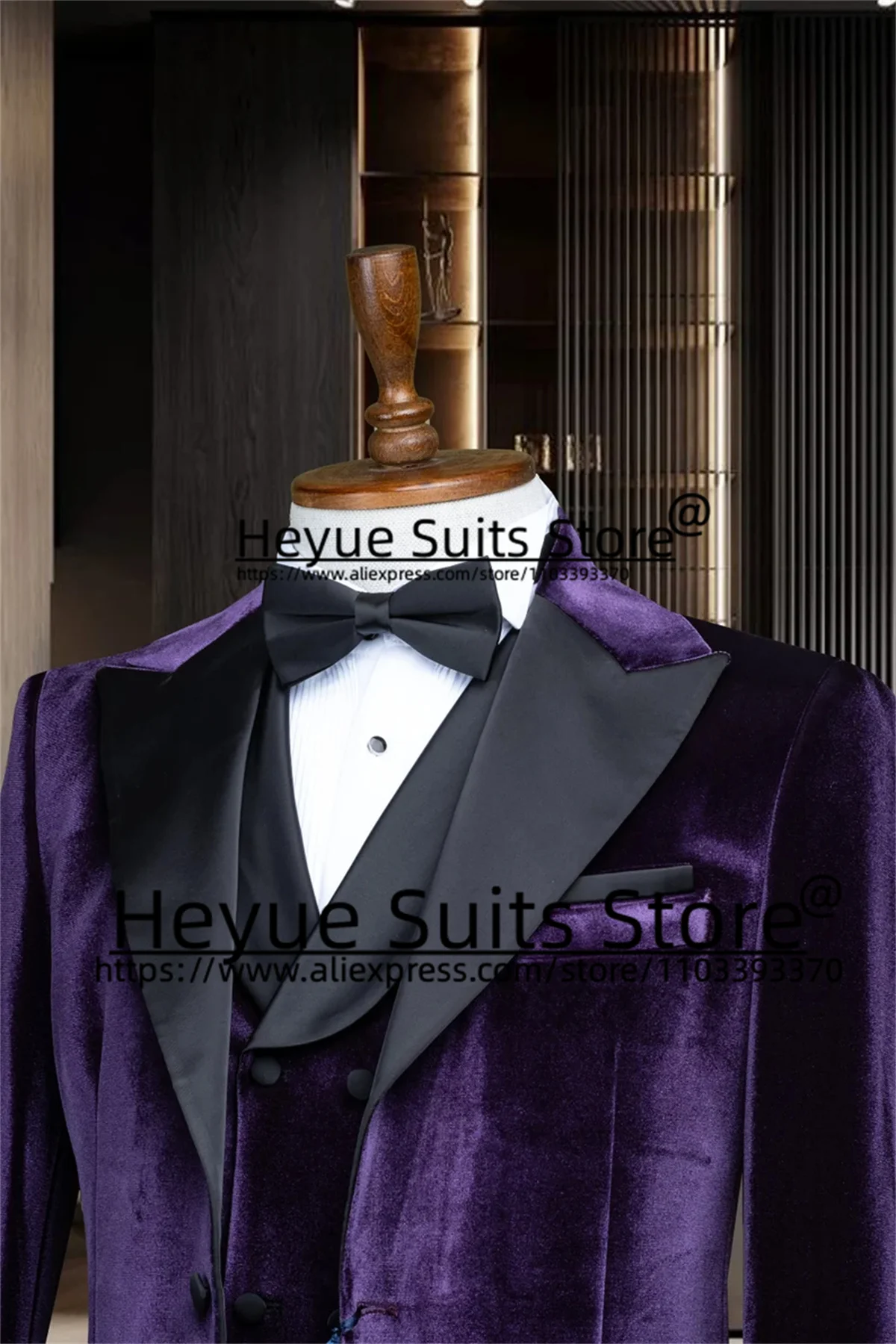 Purple velvet Luxuly Wedding Men Suits Slim Fit Peak Lapel Groom Formal Tuxedos 3 Pieces Sets Elegant Male Blazer Costume Homme