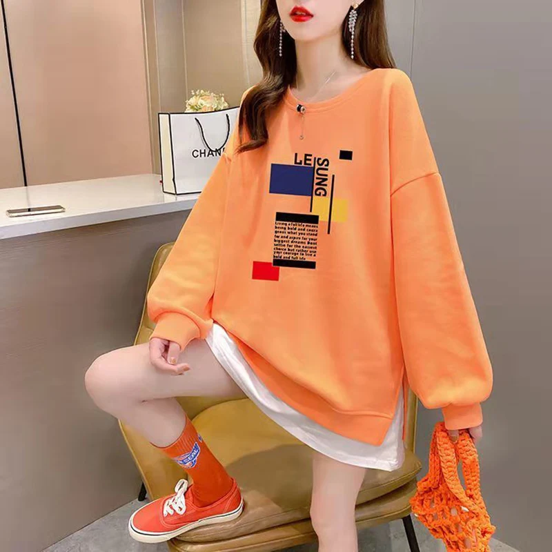 Fashion Printed Spliced Fake Two Pieces Sweatshirts Female Clothing 2023 Autumn Winter Loose Casual Tops All-match Sweatshirts