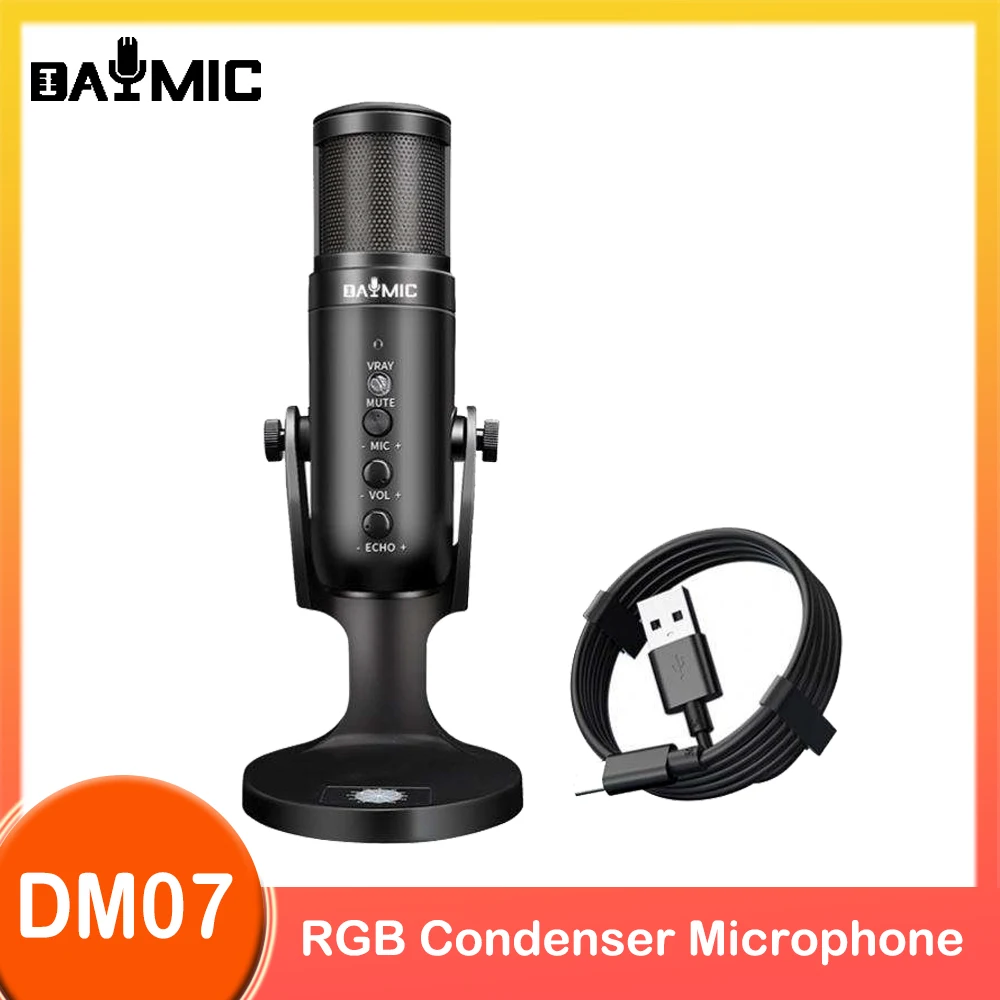 

USB Microphone Podcasting DM07 Pro RGB Condenser Mic Podcast for PC & Smart Phone Live Recording Fone Podcast