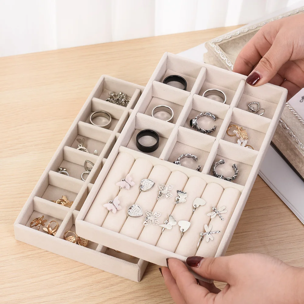 Velvet Jewelry Display Tray Case Hot Sale Stackable Exquisite Jewellery Storage  Holder Boxes Portable Ring Earring Organizer Box