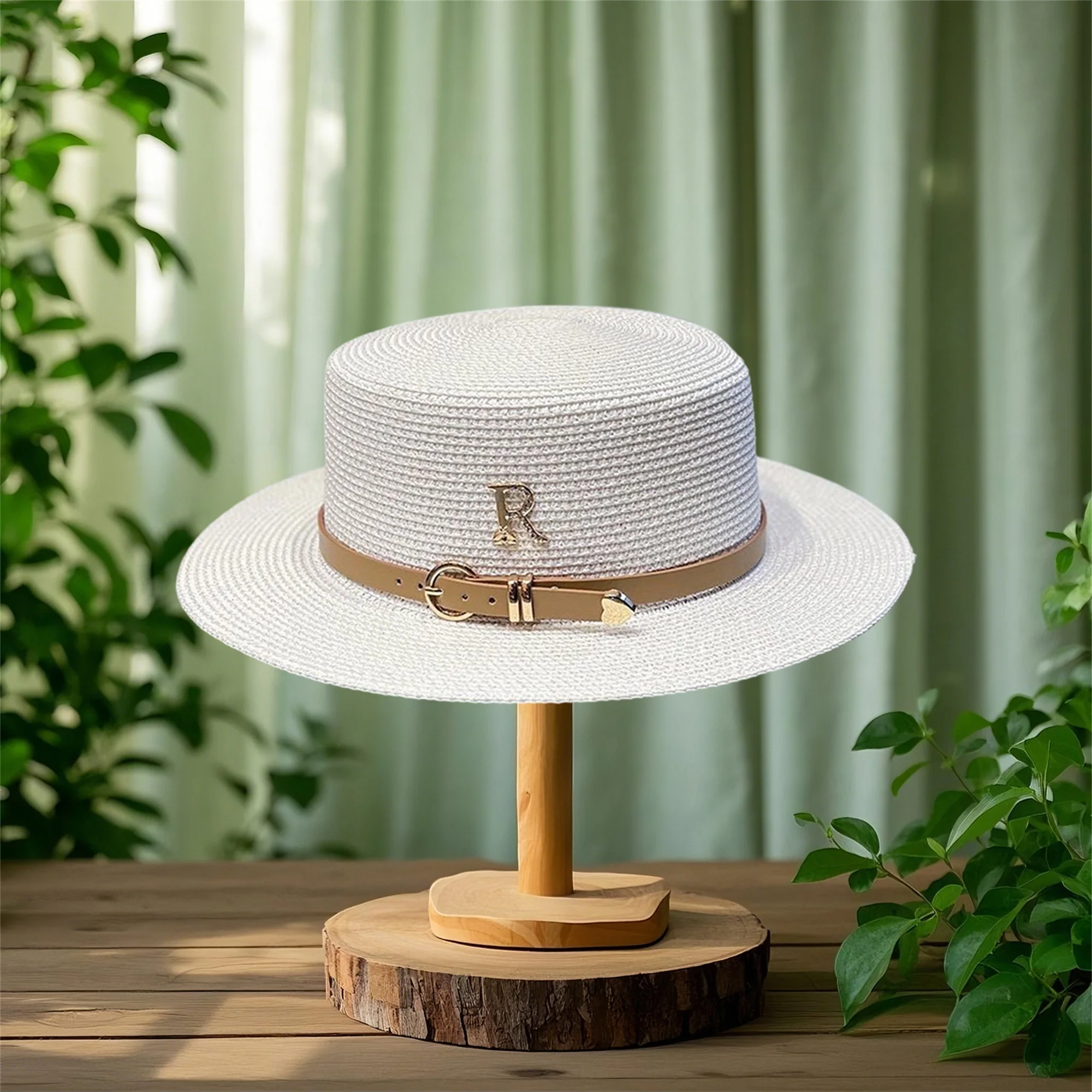 Stylish Women s Wide Brim Straw Boater Hat with Rhinestone Detailing and Letter Embellishment for Summer Beach Wear