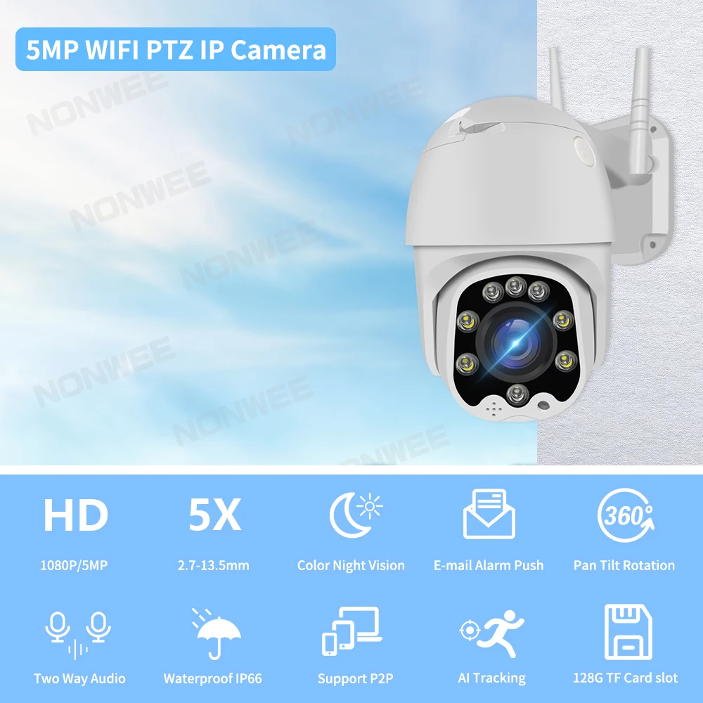 5MP PTZ Wireless Surveillance Camera Outdoor IP Wifi Security Protection CCTV Cameras Auto Tracking Night Vision 5x Optical Zoom
