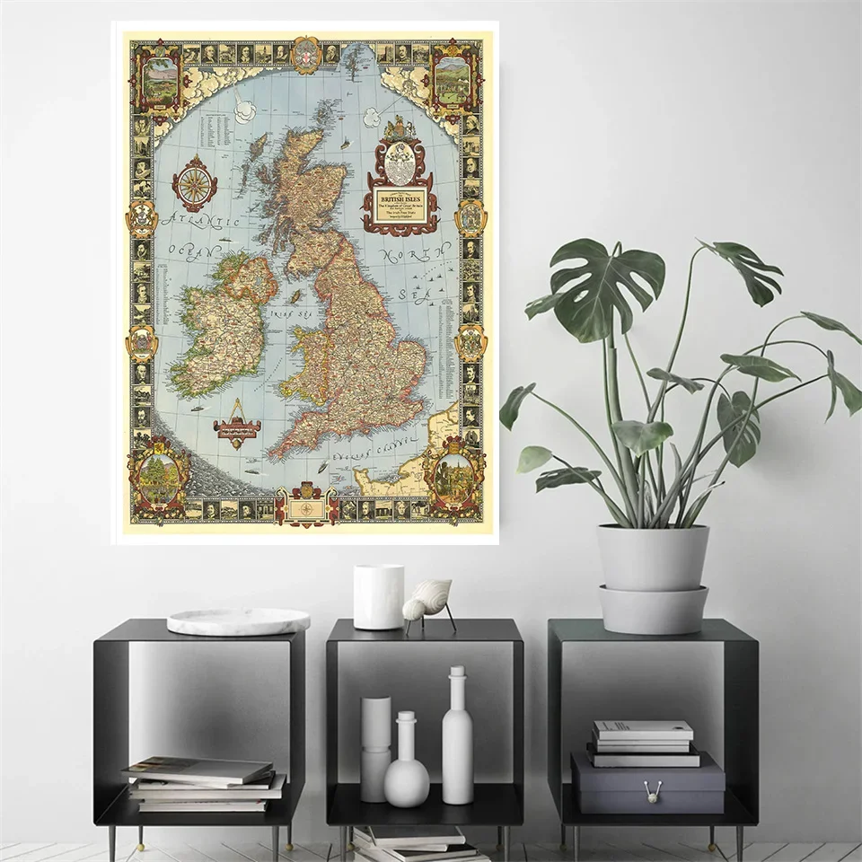 A2 Size Vintage Kingdom of Great Britain Map in 1937 Fine Canvas Painting For Living Room Home Wall Decor