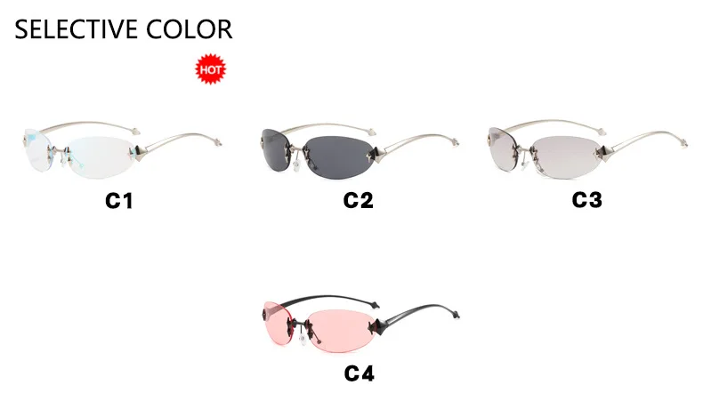 Y2K rimless elliptical fashion sunglasses with tinted lenses