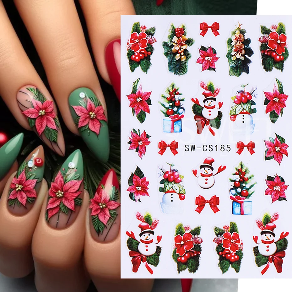 2/3pcs Christmas Nail Stickers Cute Cartoon Snowman Holly Gingerbread Bow Candy Bell Slider Decals Holiday DIY Manicure Decor