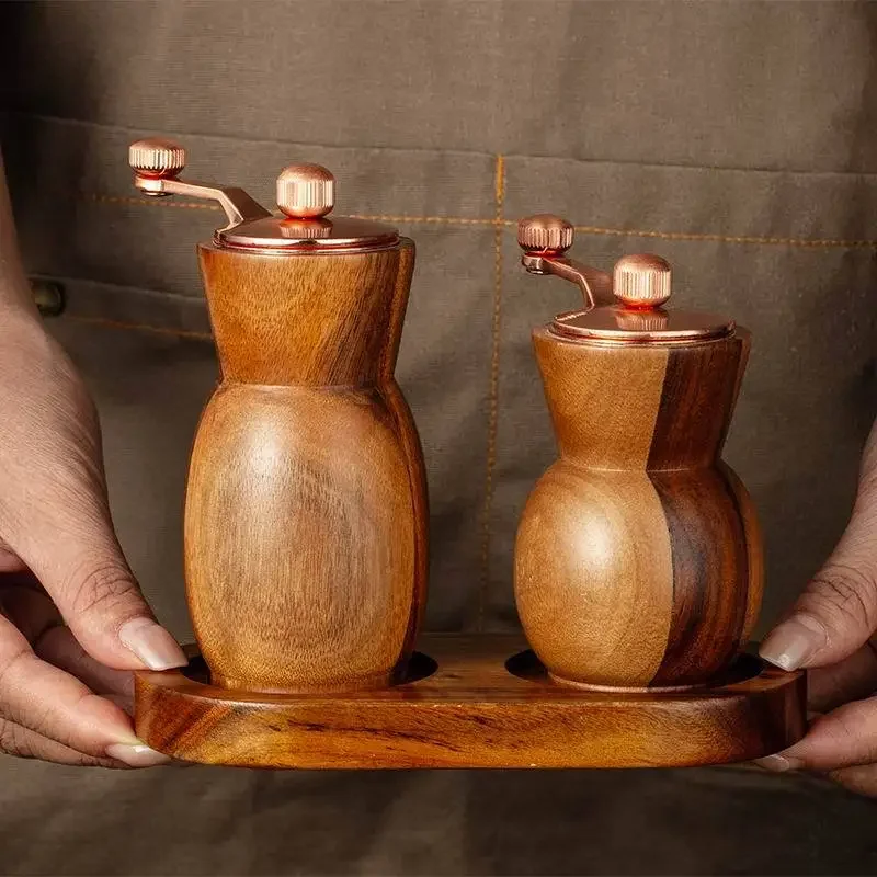 Wooden Salt and Pepper Grinder Hand Cranked Grinder Set with Base Multi-Purpose Pepper Mills Seasoning Box Kitchen Cooking Tools