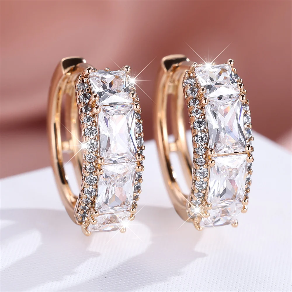 White Zircon Square Stone Luxury Crystal Hoop Earrings For Women Vintage Gold Color Ear Buckle Wedding Jewelry Versatile Gifts