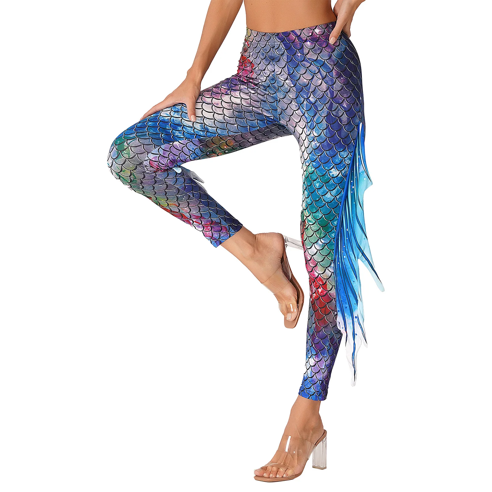 Womens Mermaid Printed Party Cosplay Pants Fashion Fish Scale 3D Printed Yoga Leggings Pants High Waist Pencil Pants Trousers