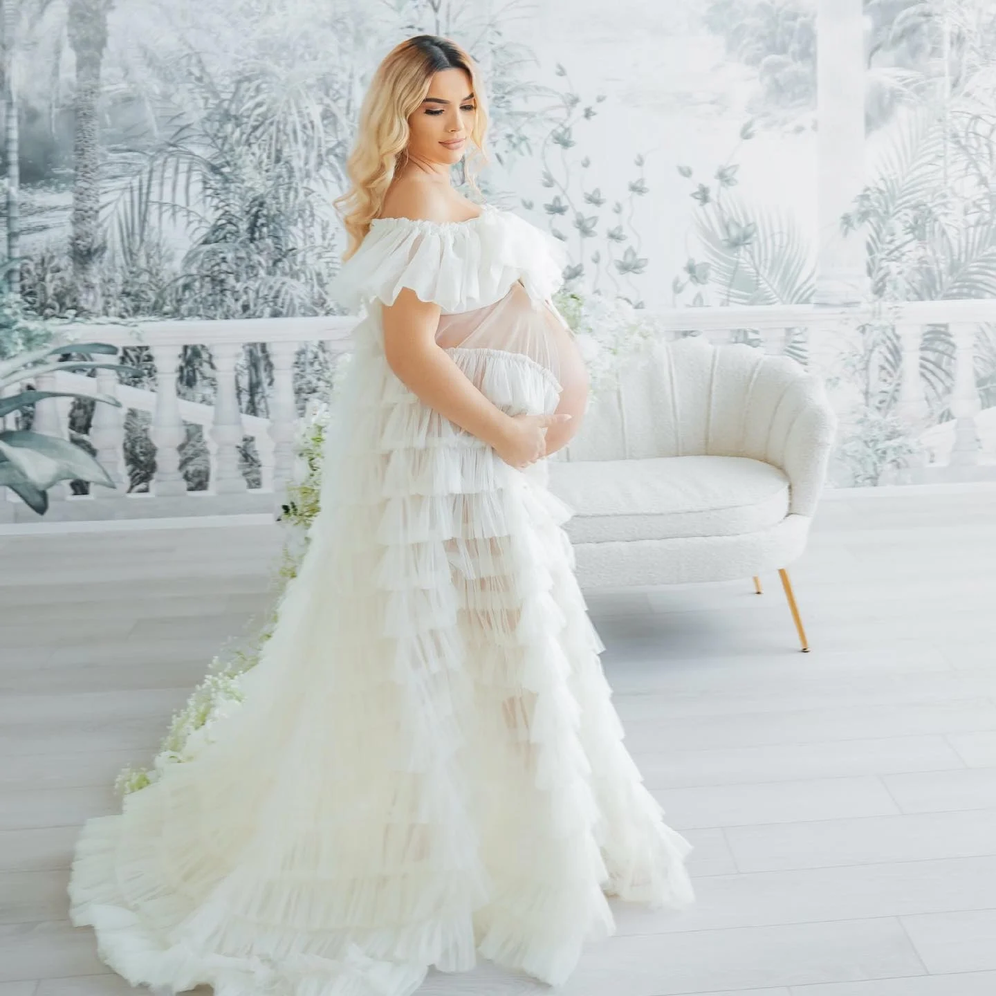 

White Tulle Maternity Dresses for Photoshoot Tiered Ruched Pregnancy Bathrobe Off Shoulder Front Slit Vestidos For Baby Shower