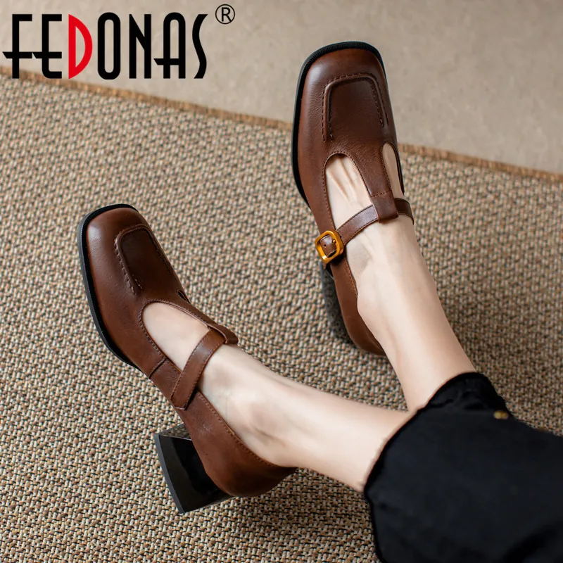 

Женские простые туфли-лодочки FEDONAS, зеленые туфли из натуральной кожи на толстых каблуках с квадратным носком и Т-образным ремешком для офиса на весну-лето 2019