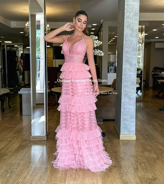 Qunque Pink Spaghetti Straps Prom Dresses Skirt Tiered Customized