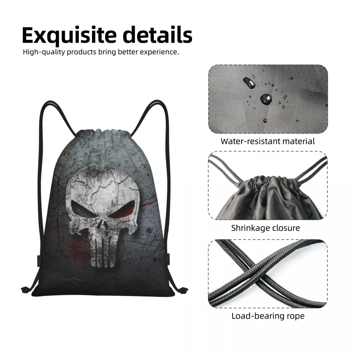 Skeleton Skull Heavy Metal Punishers Drawstring Backpack Women Men Sport Gym Sackpack Portable Shopping Bag Sack 3