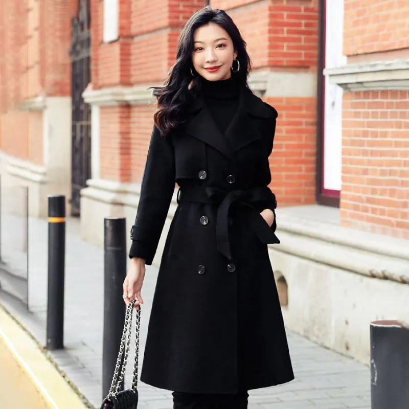 

Autumn 2024 Winter New Chic Woolen Jacket Women's Overcoat Fashion Loose Double-Breasted Belt Medium Long Wool Trenchcoat Coat
