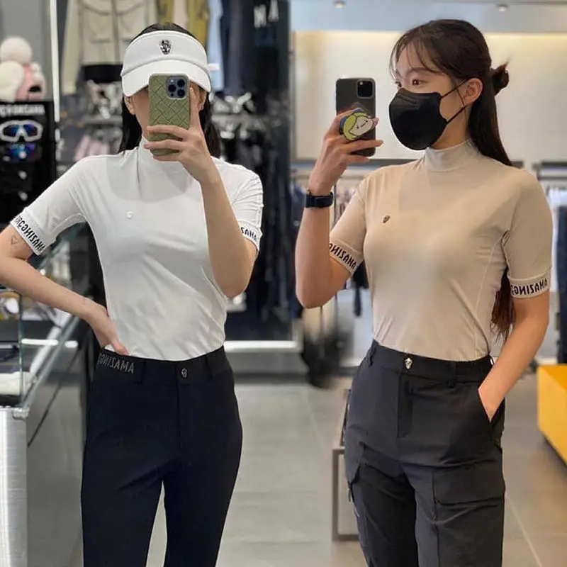 AMAZINGCRE Summer New Women's Golf Top Fashion Simple Slim Stand-up Collar Short-sleeved T-shirt