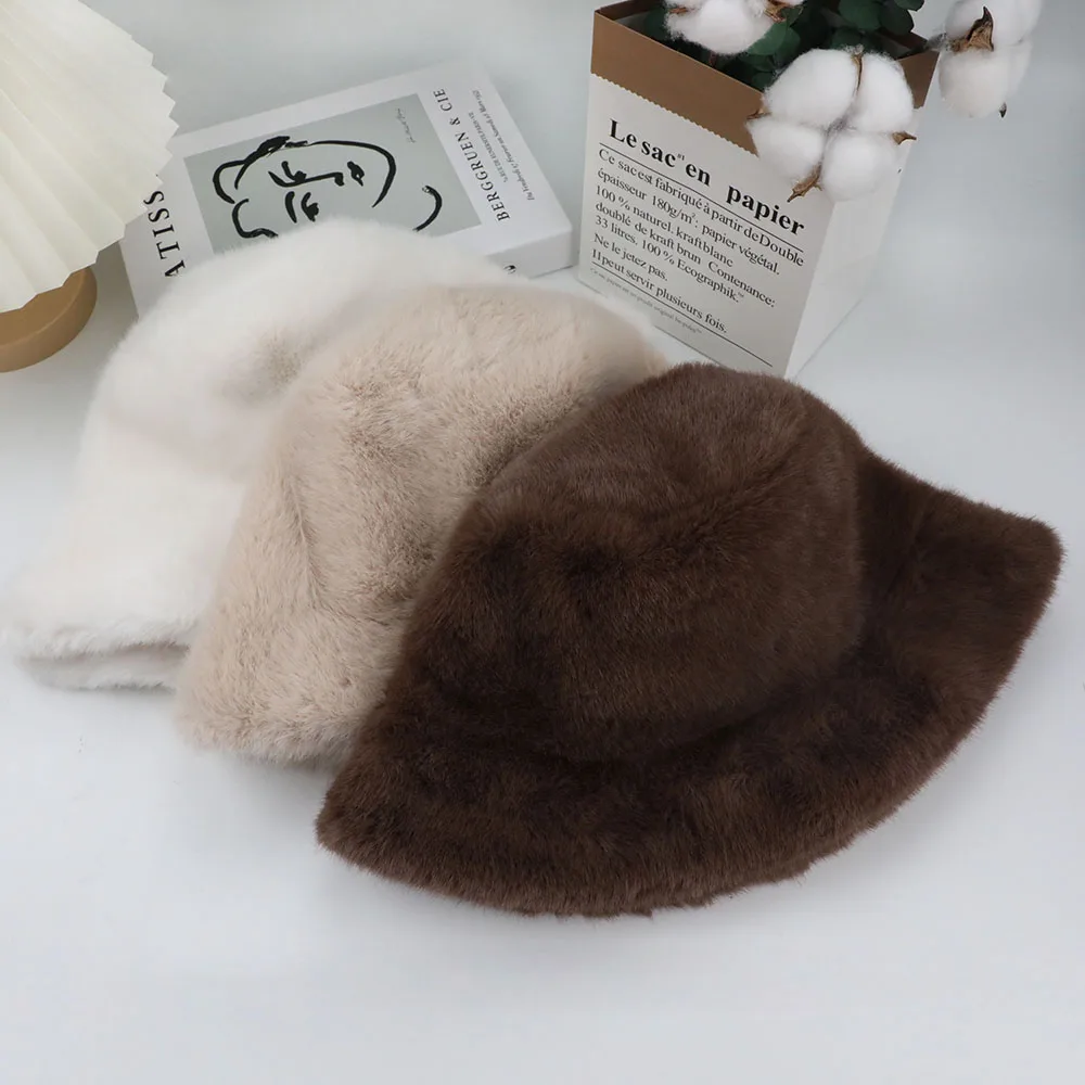 Fluffy Fur Fisherman Hat For Women Winter Plush Ear Protection Cap Windproof Warm Female Panama Caps Solid Fashion Bucket Hat 4