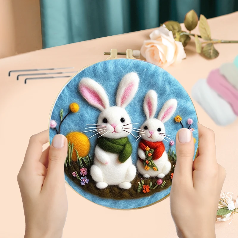 GATYZTORY Wool Felt Painting With Embroidery Creative Kit Craft Painting Needle Felting Rabbit, Parrot, Lion Home Wall Decor