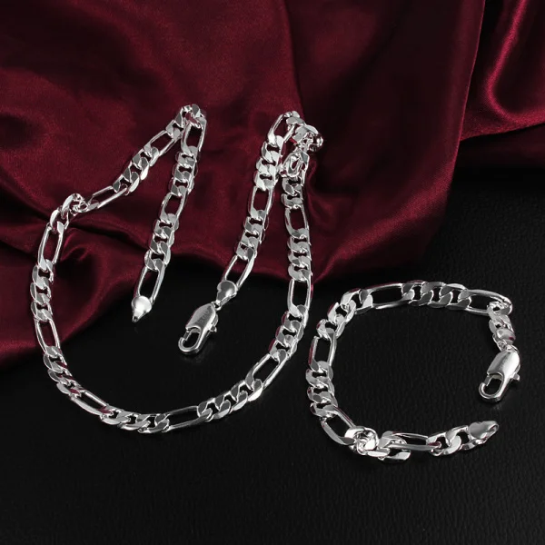 

925 sterling silver Classic woman Men's 6mm 8mm Geometric chain necklace bracelet Jewelry set Party wedding fine fashion gift