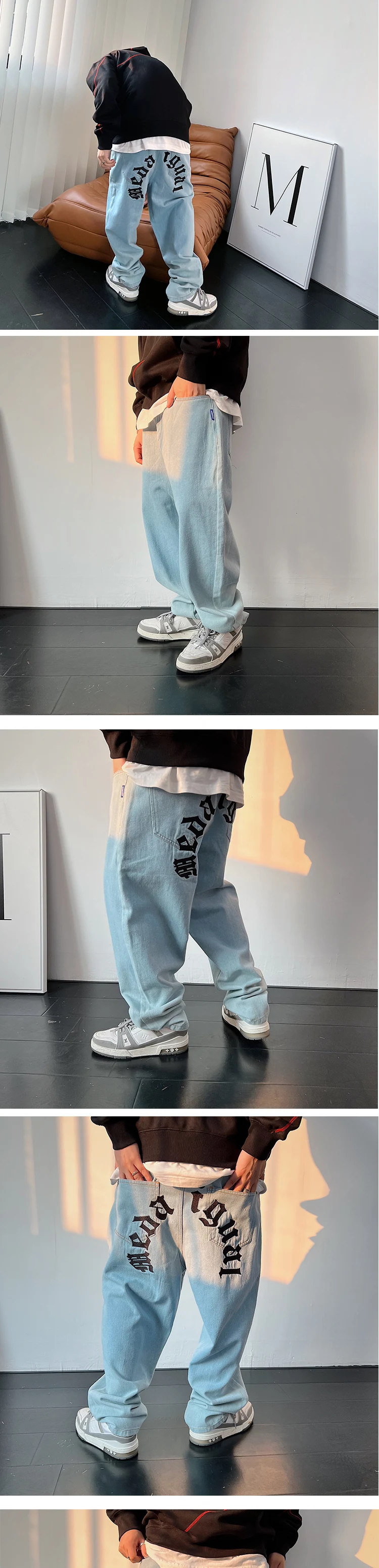 American Hip Hop Skateboards Jeans Streetwear Letter Embroidery Straight Denim Trousers Men Clothing Harajuku Casual Cargo Pants black jeans men