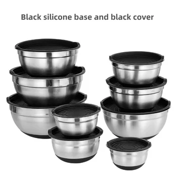 1/6PCS Fondo in silicone addensato con coperchio Bacino da cucina Bacino per battere le uova in acciaio inossidabile Bacino per mescolare insalata Cottura da cucina 1