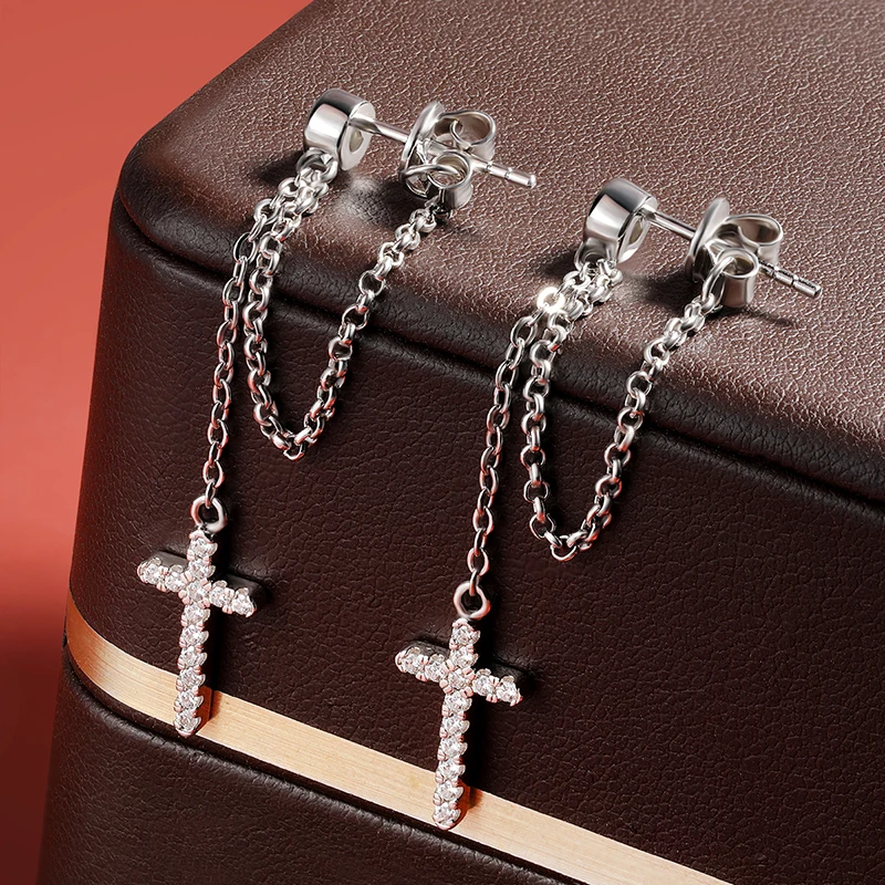 OEVAS 3mm Round Moissanite Diamond Cross-shaped Earrings for Women S925 Sterling Silver Earrings Wedding Party Fine Jewelry