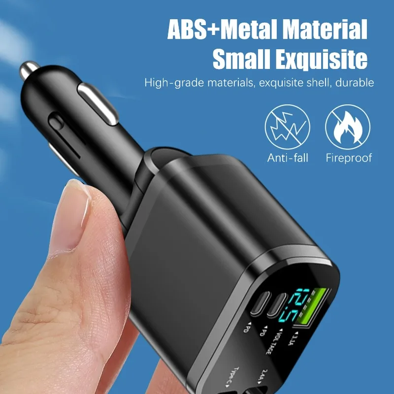 5 in 1 Retractable Car Charger 75W Fast Charging 12-24V Voltage Digital Display Dual Cables for IPhone & Android
