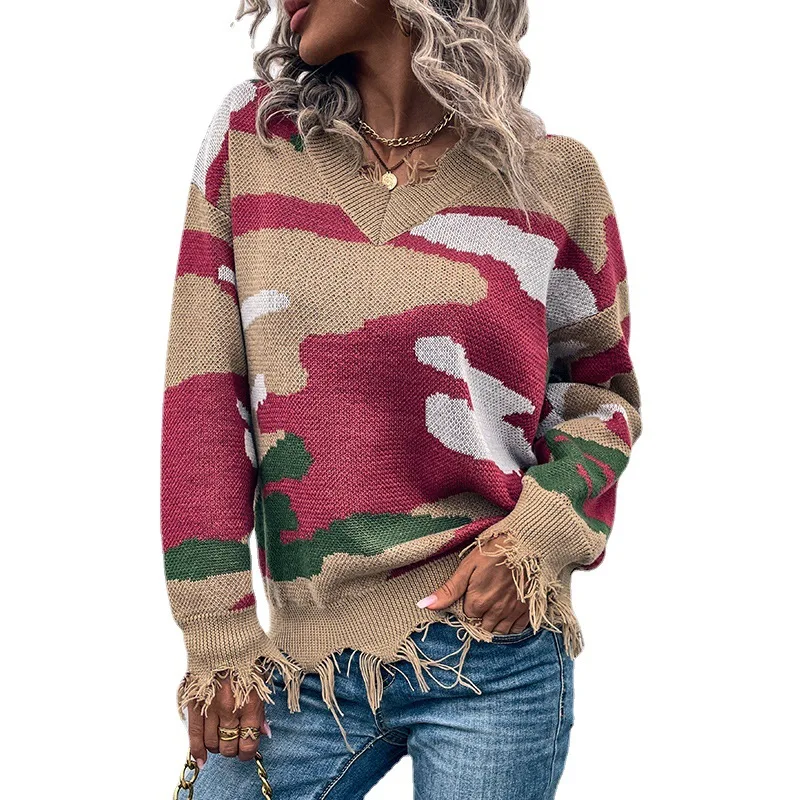 

Everkaki New Sweater Women's Autumn and Winter V-neck Ripped Knitted Contrast color Camouflage Sweaters