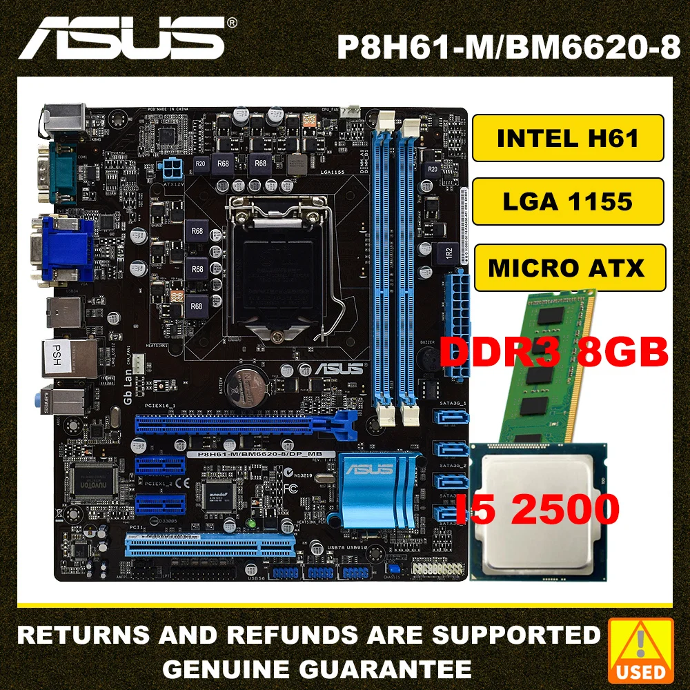 Материнская плата ASUS, ЦП память в комплекте, телефон, процессор I5 2500 +  DDR3 8 Гб ОЗУ, десктопная материнская плата LGA 1155, комплект Intel H61  Micro ATX | AliExpress