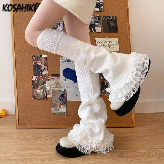 Women Lace Ruffle Cable Knit Leg Warmers Boot Cuffs Long Socks Leggings  Sweet