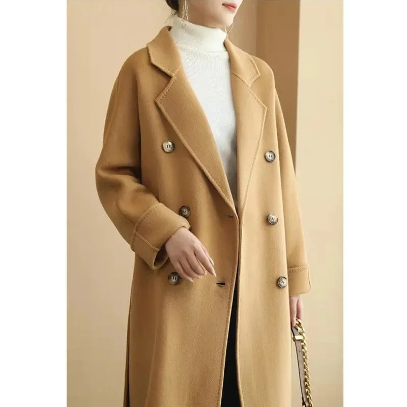 

Women Fashion Oversized Double Breasted Woolen Coat Vintage Long Sleeve Flap Pockets Female Outerwear Chic Overcoat