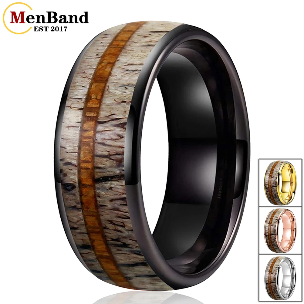 MenBand Fashion 8MM Men Women Black Tungsten Carbide Wedding Ring Deer Antler And Cherry Wood Inlay Dome Polishing Comfort Fit